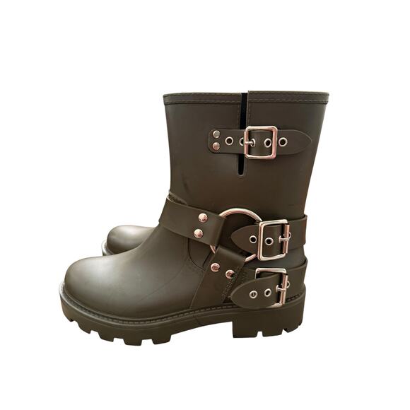 Jeffrey Campbell Women's Green Buckle Ankle Controller Moto Rain Boots Size 9 - Picture 2 of 10